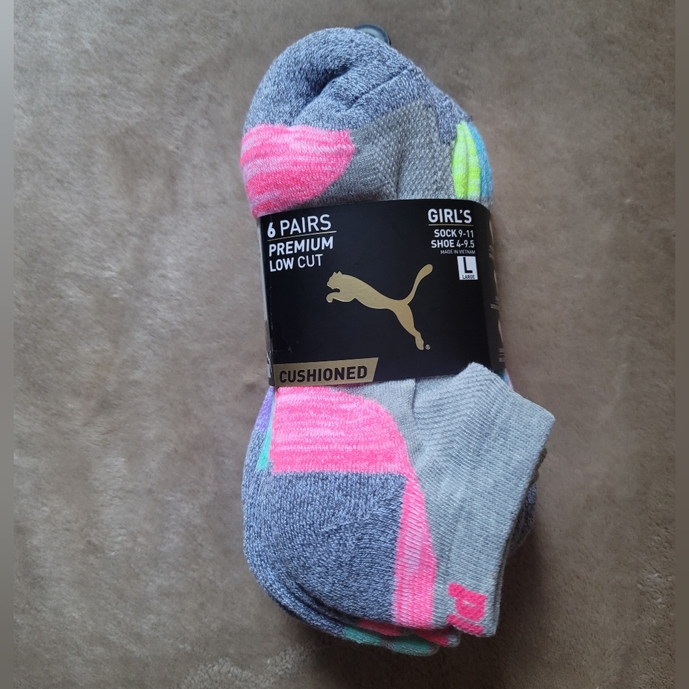 Puma Girl Grey/Multi-Color Premium Low Cut Cushioned Socks 6 Pk(Shoe 4-9.5) NWT